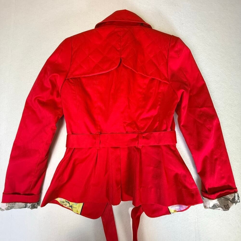 H&M Womens Red Short Trench Coat Jacket Size 2 Double Breasted Belted Waist Chic - Picture 2 of 14